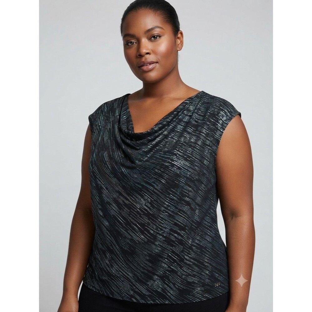 Nine West Women's Black Silver Sleeveless Blouse Draped Front